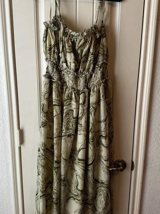 ARULA Olive Green and Cream Marble-Print Smocked Spring Party Flowy Midi Dress - Picture 7 of 10